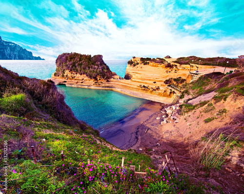Obraz na płótnie Beautiful landscape with cliffs popular Canal of Love (Canal d'Amour) on the island of Corfu, Greece. tourist attractions. amazing charming place. w salonie