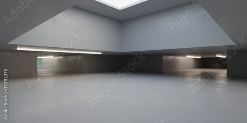 Abstract modern futuristic architecture and concrete urban basement hall background with day light and artificial lighting, 3d render illustration
