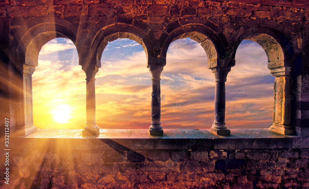 Abstract scenic scenic landscape with sunset with sunlight through medieval arches. Porto Venere, Italy. Charming places.