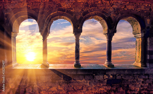 Obraz na płótnie Abstract scenic scenic landscape with sunset with sunlight through medieval arches. Porto Venere, Italy. Charming places. w salonie