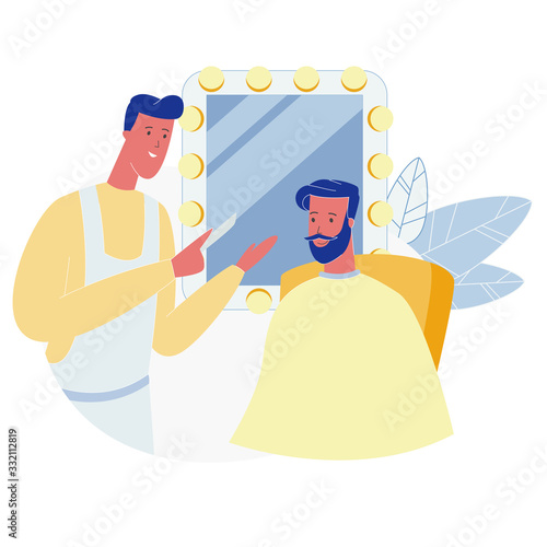 Men Hairdressing Salon, Grooming Place, Stylish Hipster Barber Cutting Customers Beard in front of Huge Mirror in Barbershop, Professional Beauty Club, Fashion, Style. Cartoon Flat Vector Illustration
