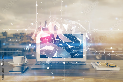 Multi exposure of work space with computer and human brain hologram. Brainstorm concept.