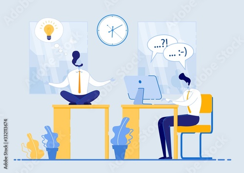 Poster Successful Idea Using Working Time Flat. Man Is Meditating While Sitting at Table in Office, next to Guy is Working Hard at Computer. Employee Spends Time Efficiently, and does not Waste it.