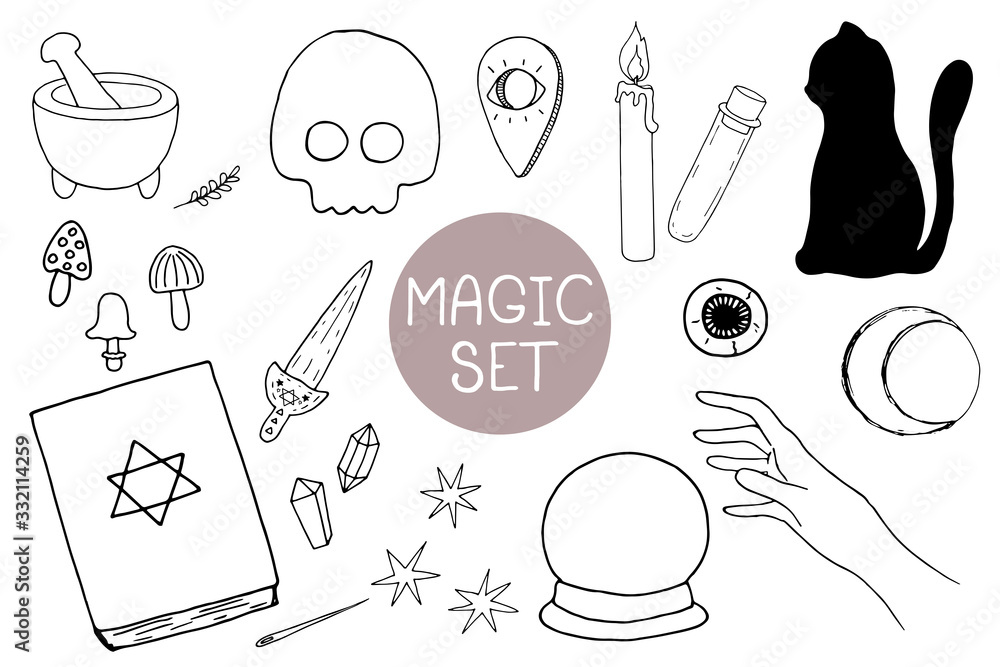 Vector illustration. Magic set with occult symbols: spell book, magic ...