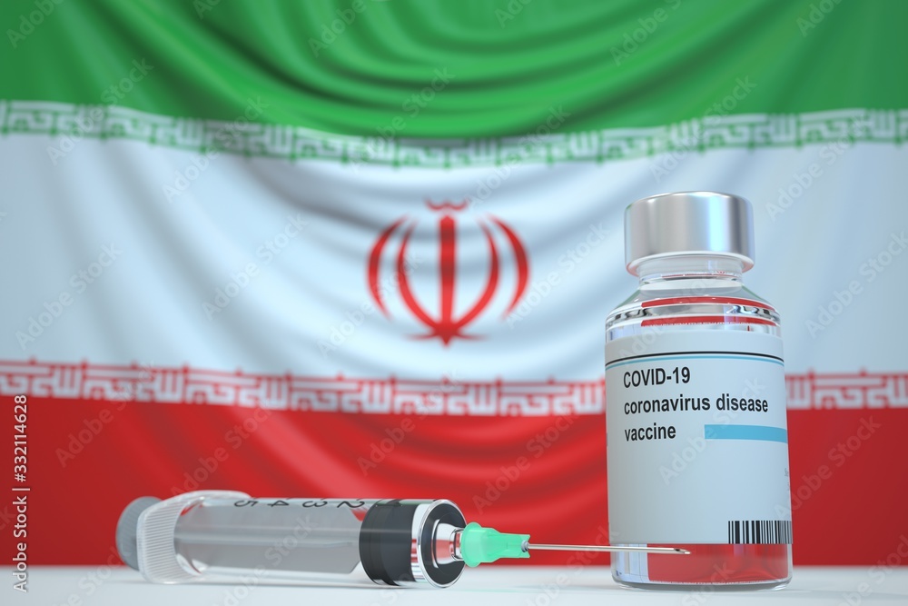Coronavirus vaccine and syringe on the Iranian flag background. Medical research and vaccination in Iran, 3D rendering