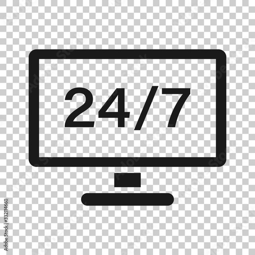 24/7 computer icon in flat style. All day service vector illustration on white isolated background. Support business concept.