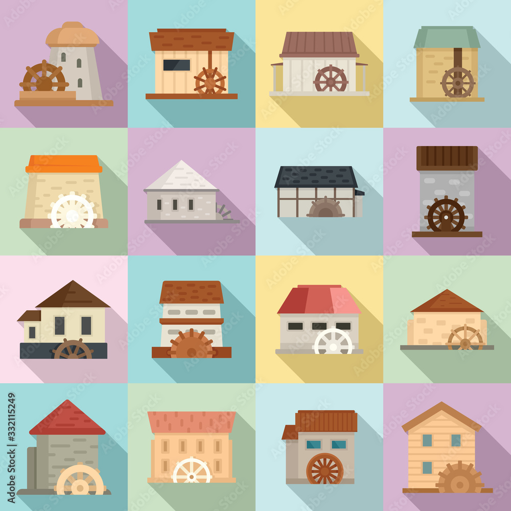 Water mill icons set. Flat set of water mill vector icons for web design