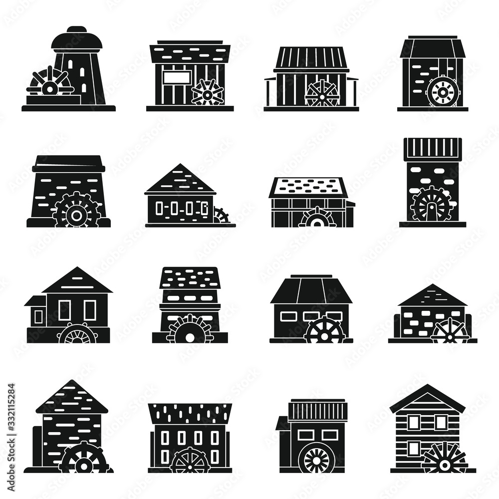 Old water mill icons set. Simple set of old water mill vector icons for web design on white background
