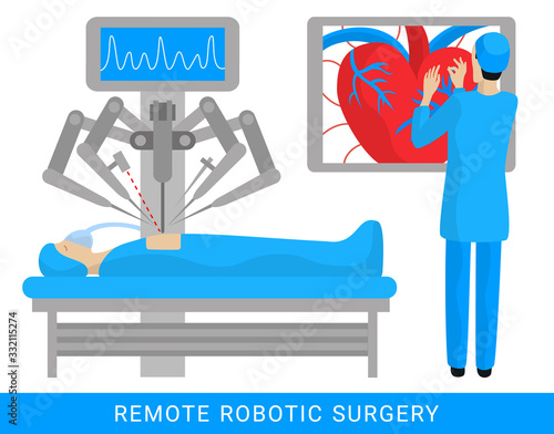 Remote control robotic cardiac surgery flat graphic design illustration. Operation on heart. Patient operated by a robot assistant apparatus. Virtual future medicine concept. EPS 10 vector background
