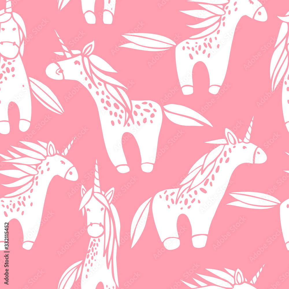 Cute unicorns on a pink background. Vector seamless pattern.