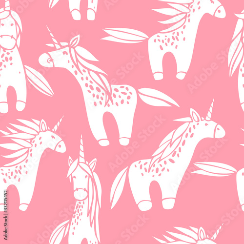 Cute unicorns on a pink background. Vector seamless pattern. © rraya