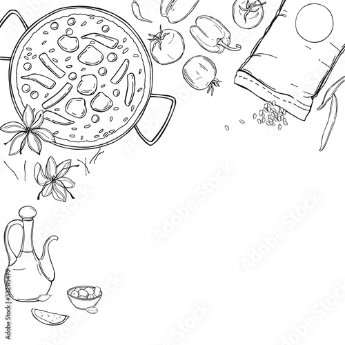 Hand drawn paella set. Vector background.