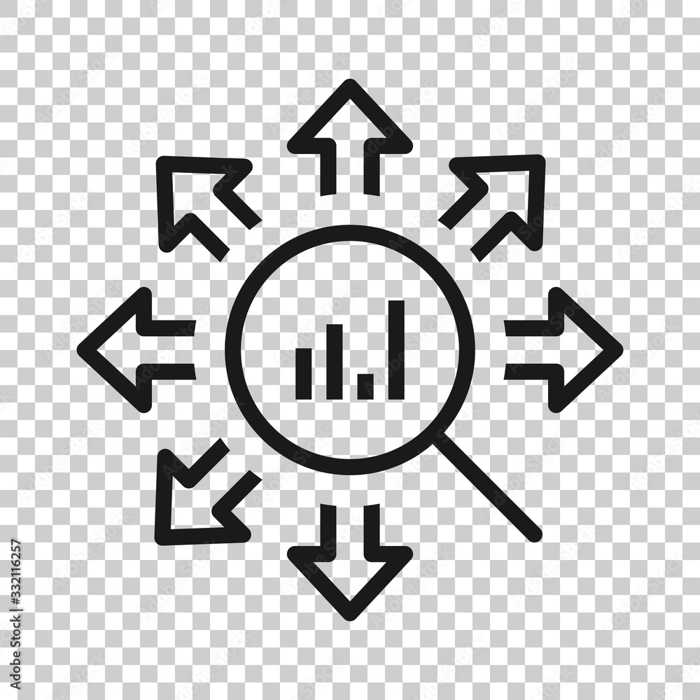 Market trend icon in flat style. Growth arrow with magnifier vector illustration on white isolated background. Increase business concept. Market trend icon in flat style. Growth arrow with magnifier vector illustration on white isolated background. Increase business concept.