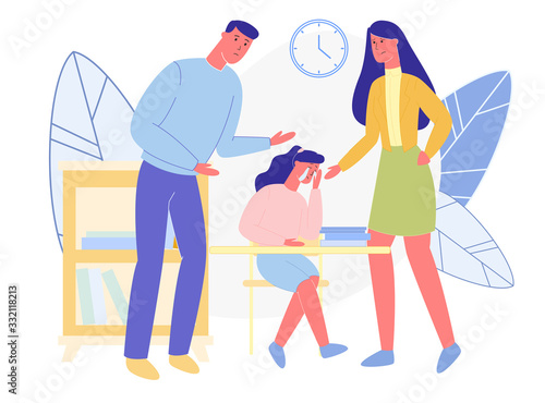 Stressed Parents, Talking to Their Daughter, Crying Bitterly Over Books and Home Tasks. Girl, Frustrated with Poor School Grades Report. Two Family Generations, Unable to Find Common Ground.