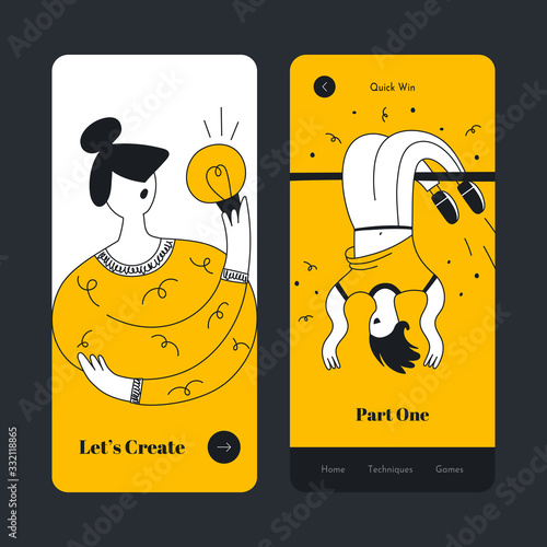 Idea and business success illustrations on the mobile application display. Cartoon yellow woman holding the lightbulb, cute high jumper in midair. Flat clean modern linear vector, UI UX elements kit