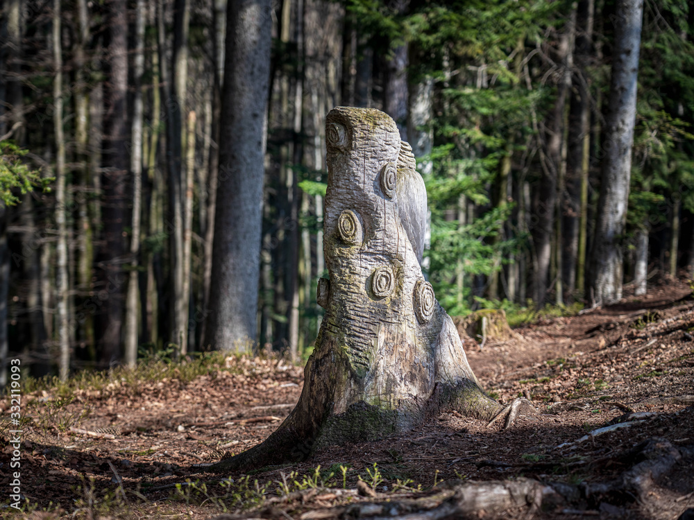 Obraz premium Sculpture carved from wood in the middle of the forest