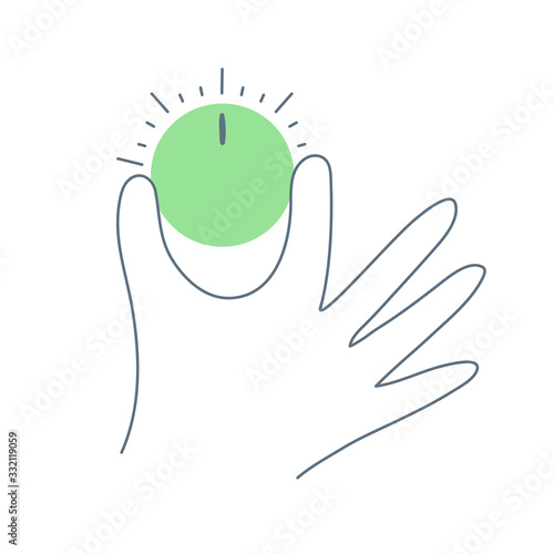Setting, tuning, option selection or customization concept. Hand twists the toggle switch and tune-up the console. Temperature adjustment, setting the speed and sound level. Flat line vector icon.
