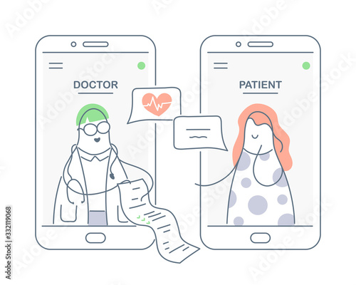 Doctor consultation, medical support. Male doctor giving a consultation to a patient and explaining informations and diagnosis, writing medical prescription, prescribes treatment. Line clean vector