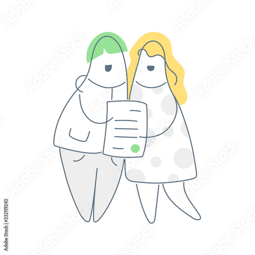 Cute cheerful couple holding marriage certificate, insurance policy, gift coupon pr license, certified document with the seal in their hands. Flat line UI UX vector icon illustration on white.