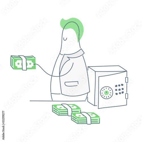 Microloan, business loan from a bank employee or get money from investors. Banking, credit, savings concept. Flat line vector illustration on white background.