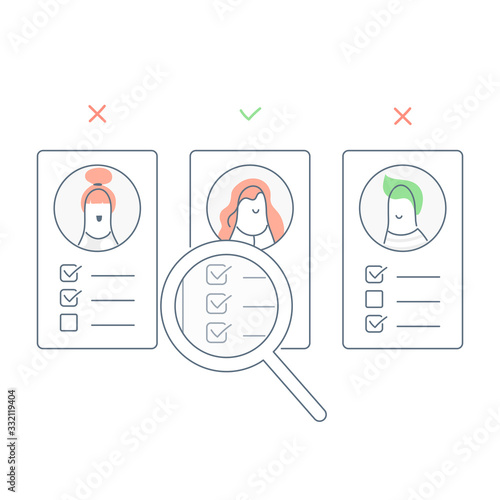 Recruitment, finding the right employee  through magnifying glass to hire candidates. Recruitment, cv or user portfolio analysis, hiring or recruitment. Flat line light vector illustration on white