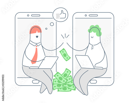 Refer a friend and earn money. Two characters make money sitting in smartphones. Affiliate partnership, cost per action or referral marketing concept. Flat line isolated vector illustration.