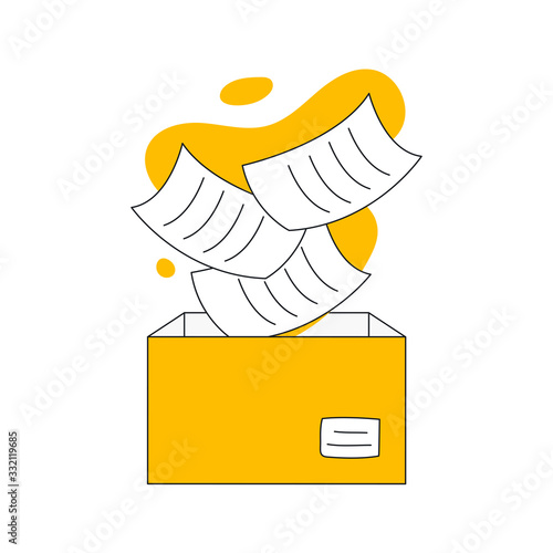 Falling sheets of paper in a box concept. Document storage, save, backup, import or copy files to the cardboard box vector illustration on white.