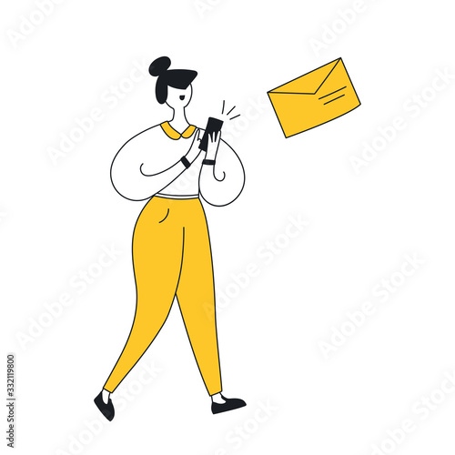 Messaging, sending an envelope from the mobile phone. Cute cartoon business woman writing a message that flying over her head. Flat modern yellow vector illustration on white.