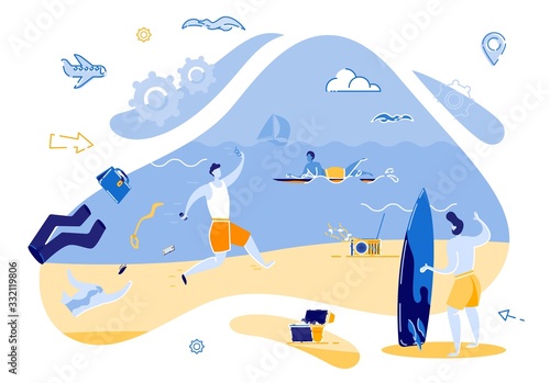 Bright Banner, Fun Arrival Vacationers On Beach. An Office Employee Runs to Sea, Taking off his Belongings and Throwing his Briefcase on Sand. Strong Desire to Dive into Water. Vector Illustration.