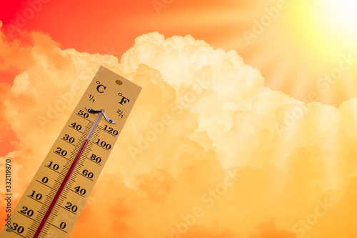 Thermometer shows high temperature in summer
