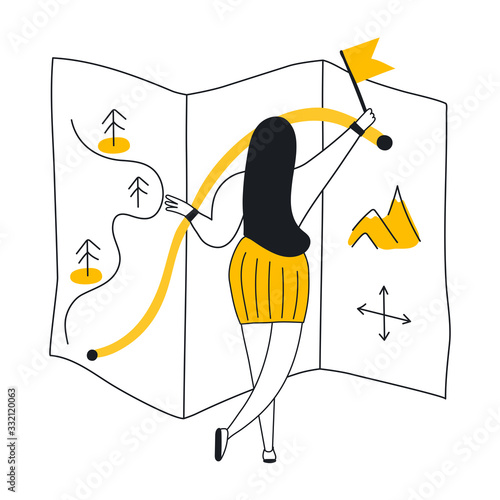 Road map and journey route infographics template. Cute cartoon girl planning and drawing the route with start and end points. Flat line yellow modern UI UX vector illustration on white background.