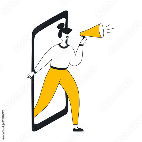 Concept of referral marketing, refer a friend loyalty program, micro influencer promotion method. Woman from smartphone shout on megaphone. Flat line modern vector illustration.