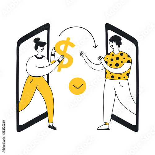 Two smartphones and woman giving giant dollar sign to man. From hand to hand concept, transaction, secure mobile payment, money transfer service, donation. Flat line modern vector illustration icon.
