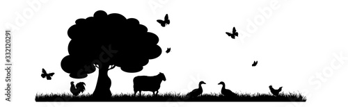 Vector silhouette of farm animals on garden on white background. Symbol of nature and agricultural.