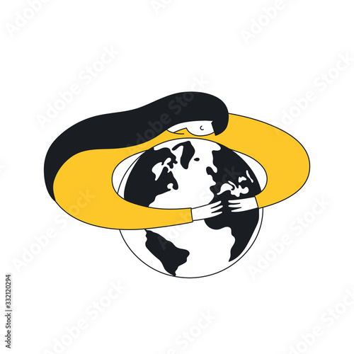 Save the planet, cute girl hugging Earth. Earth Day, ecology activist concept. Flat line hand drawing clean vector illustration.