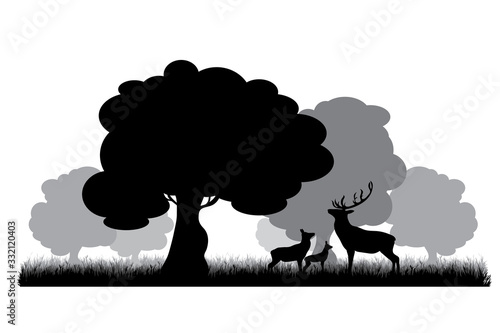 Vector silhouette of family of deer on meadow on white background. Symbol of nature and wild animals.