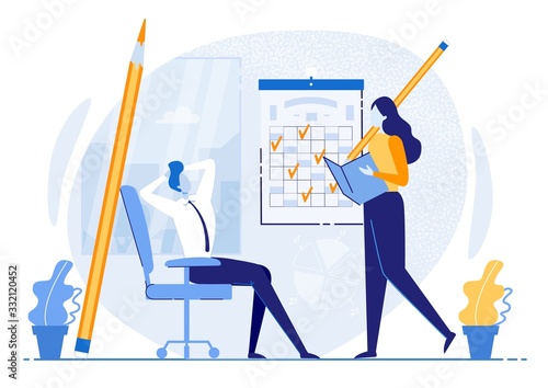 Poster Self-organization and Discipline, Cartoon. Learning and Understanding your Current Time Management Habits. Employee Girl Answers with Big Pencil in Calendar Completed Tasks.