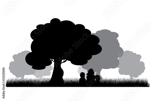 Vector silhouette of children playing under tree on white background. Symbol of nature and school.