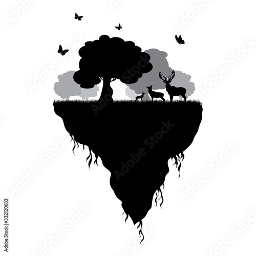Vector silhouette of piece of land with deer family and flying butterflies on white background. Symbol of nature and planet.