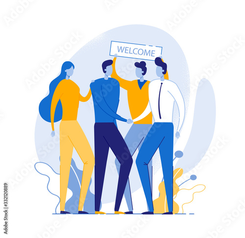 Team Welcoming New Member Flat Vector Illustration. Office Workers Meet new Company Employee Cartoon Characters. Coworkers Greeting Recruit. Friendly Team, Working Atmosphere Concept