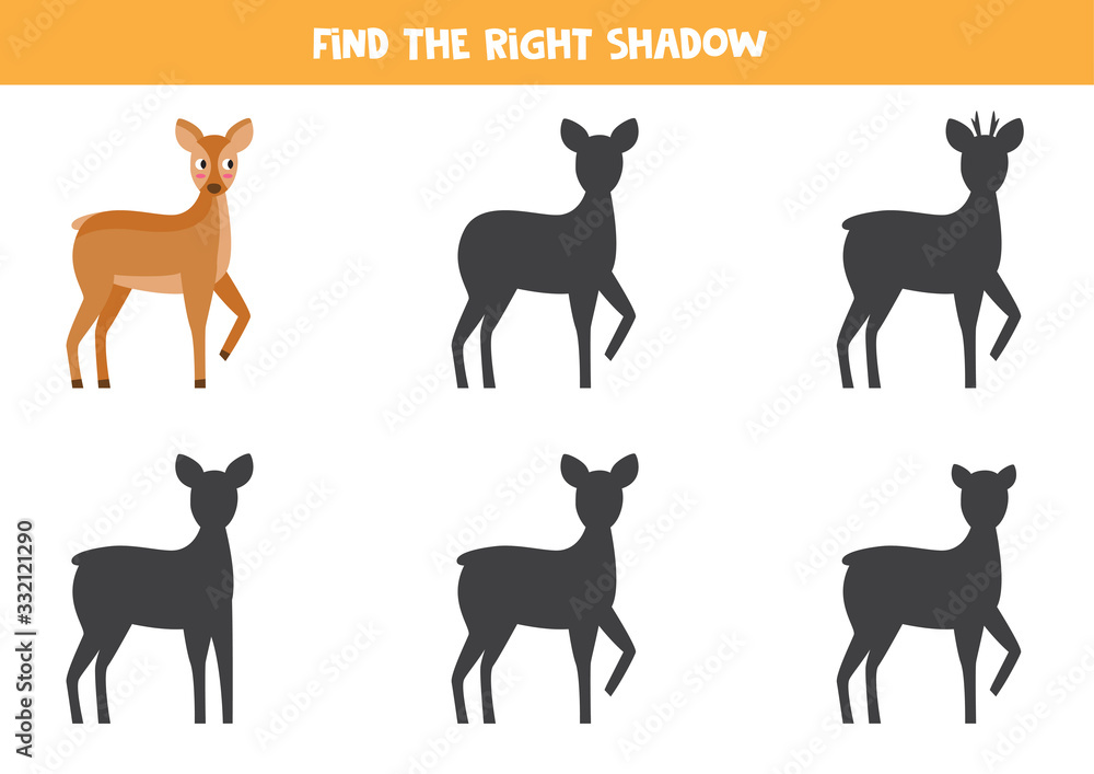 Find the right shadow of roe deer. Logical game for kids.