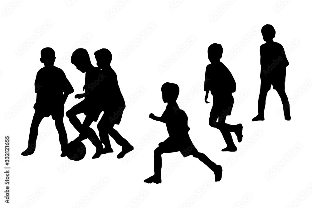 Kids playing football. Group silhouettes on white background