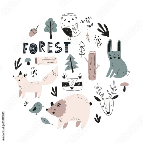 Vector hand-drawn colored children's set with cute forest animals in Scandinavian style on a white background. Scandinavian children's set with animals. Children's print. Isolated objects on white.