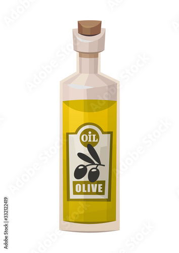 Glass bottle with olives oil isolated on white background