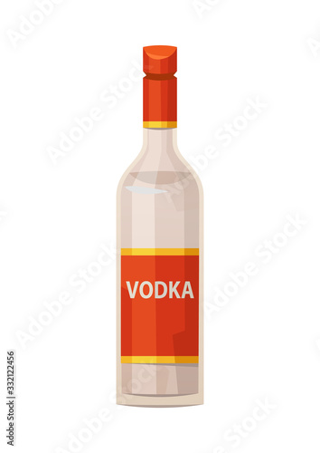 Classic glass vodka bottle with red cap on white background