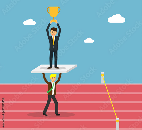 Vector illustration of a worker and exploiter. Businessman work hard alone. Exploit partner concept. vector illustration, trophy cup, success, oppressive, tyrannical. Flat design.