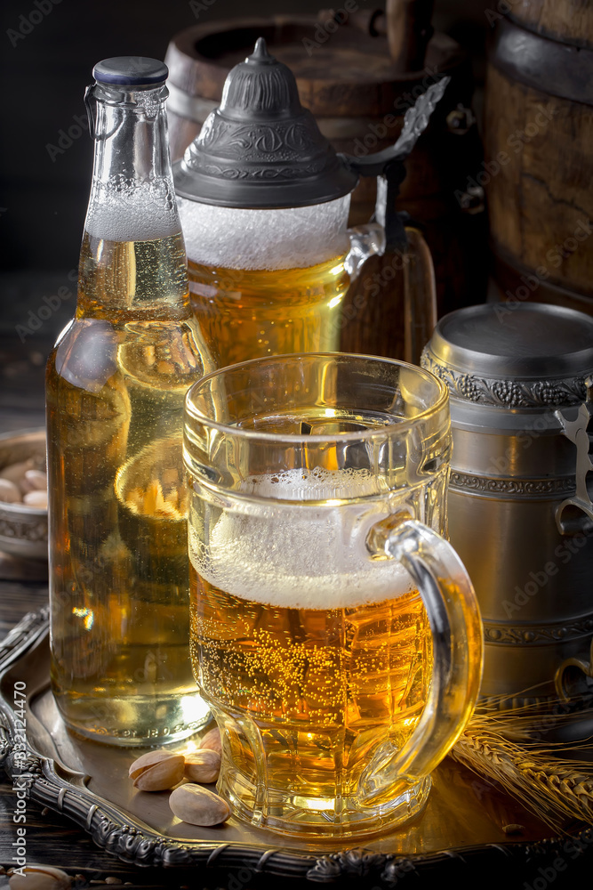 Light beer in a glass on a table in composition with accessories on an old background Light beer in a glass on a table in composition with accessories on an old background