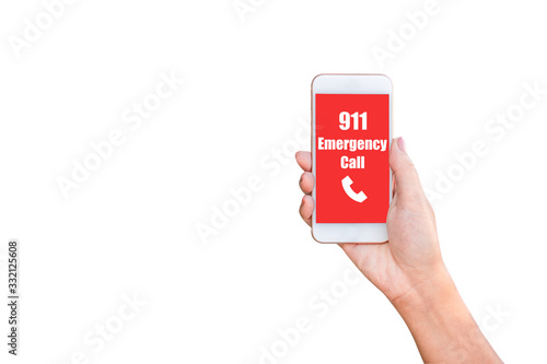 Female hand holding smartphone with emergency number 911 on the screen isolated on white background