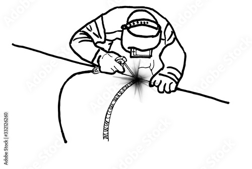 Black and white schematic drawing of a welder at work
