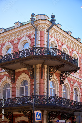 Balcony of an old building with patterned lattice